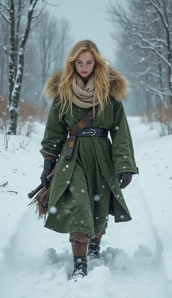 In the midst of a desolate tundra punished by snow, a fearless figure moves with grace and precision. Her golden blond hair, partially arrested, shines in the cold light of the environment, with some loose locks creeping over her face. Your eyes,  shimmeri...