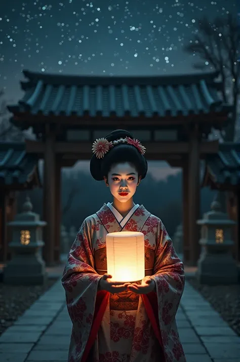 A geisha, behind a temple with a lit lamp in her hand, showing the camera, everything is dark, night, starry sky, face with white makeup, red lips.