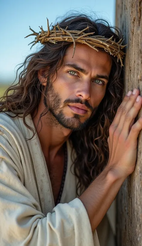   a serene looking young man , with striking green eyes and long wavy hair. He has a well-defined beard and wears a rustic crown of thorns over his head. His face conveys an expression of calm and contemplation, with mouth slightly open. He is leaning agai...