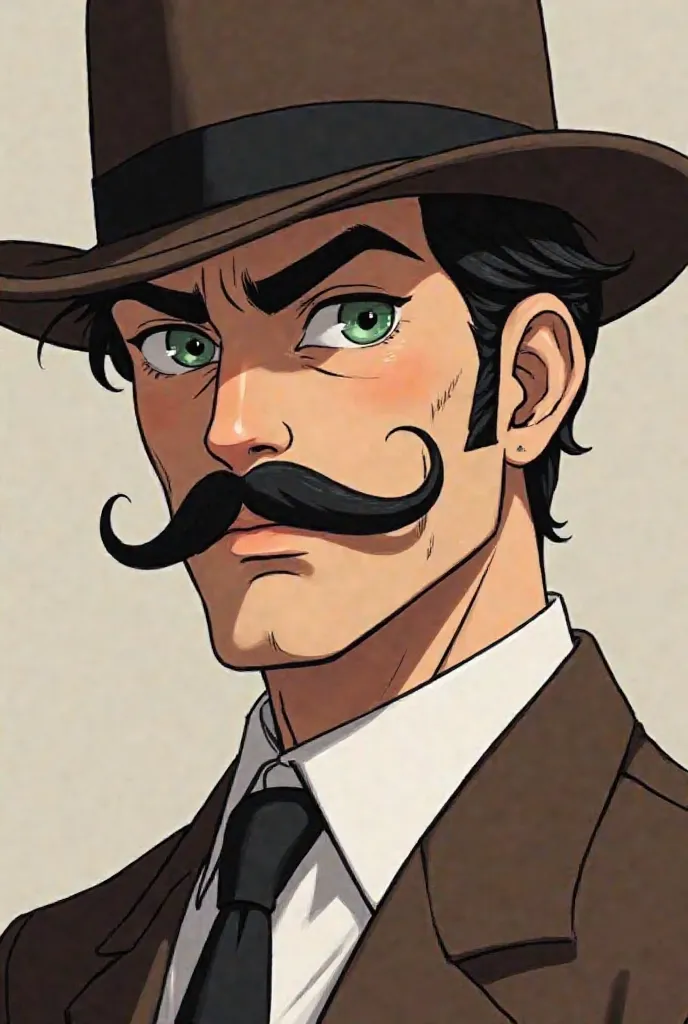 Create an image of the Realistic Anime version of a Stout Man, with dark black hair with light green eyes with a blow to the eye,and with a sophisticated mustache and wearing a brown suit and black tie, Fedora hat for men, well-defined nose, Medium size ea...