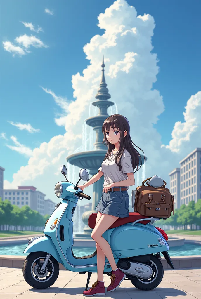 anime girl with a scooter and a bag standing in front of a fountain, concept art inspired by Valéria Dénes, pixiv, realism, belle delphine, sakimi chan, official fanart, ❤🔥🍄🌪, official art, sakimichan, 🚿🗝📝, marin kitagawa fanart, with a city in the backgro...