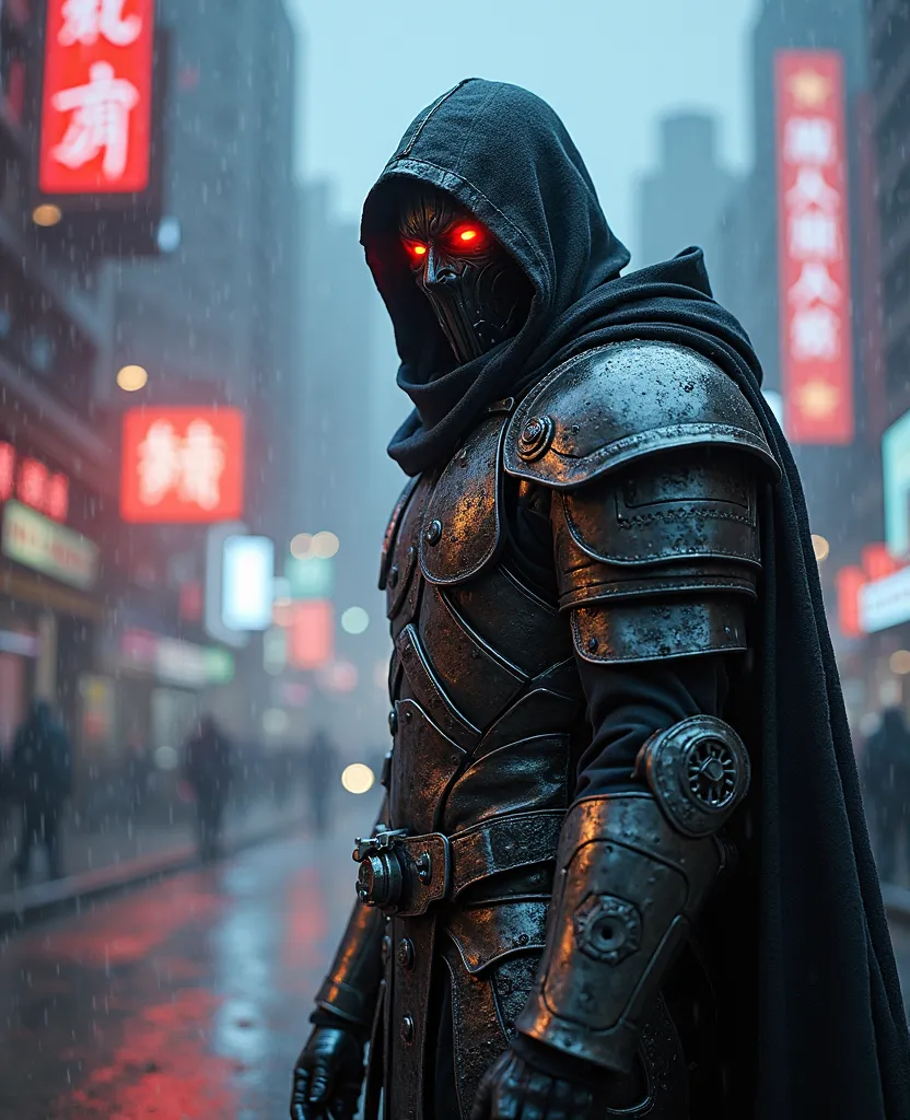 An extremely detailed 8K wallpaper of a cyberpunk Grim Reaper, masked and clad in Viking-inspired armor forged from futuristic metal, exuding a blend of ancient warrior spirit and high-tech power. The intricate details of his battle-worn armor reflect the ...