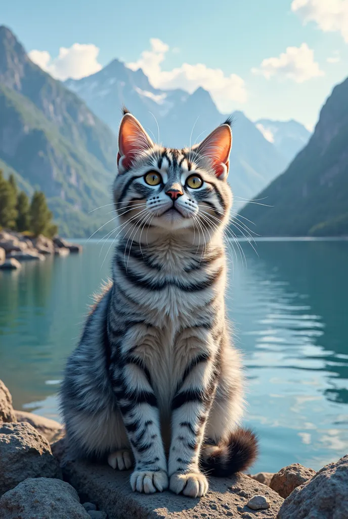 Create a picture of birthday greetings to your beloved girl from a girl. She loves fishing, the sea, the mountains and our mainecoon cat in blue silver ticked tabby. With a small caption at the bottom in English "for Ali from Bubu"