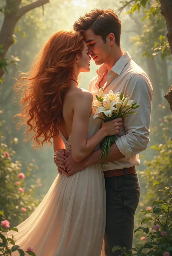 woman with her back with curly hair and a dress 
She has a bouquet of lilies, a man is hugging her from behind. 