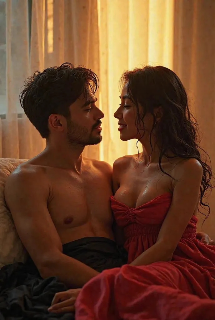 "A breathtakingly realistic 8K image of a handsome man sleeping on a luxurious bed, golden sunlight streaming through the window. His face is partially covered by a black satin sheet up to his chest. Beside him, his beautiful wife, wearing a vibrant red sa...