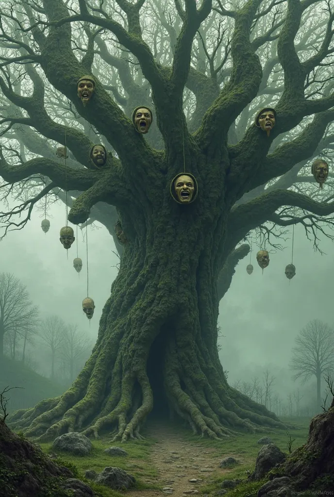 THE TRUE WAQ TREE, A GIANT MYTHICAL TREE FROM PERSIAN LEGENDS WITH FRUITS IN THE SHAPE OF A HUMAN HEAD WITH SAD OR FRIGHTENING FACES.