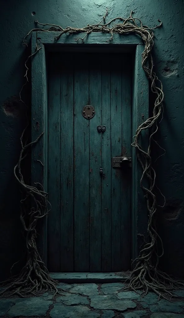 Create an image of an ominous closed door on a dark night