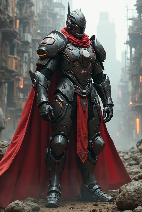 Sci-fi Knight in doomslayer armor with scarlet shoulder cape