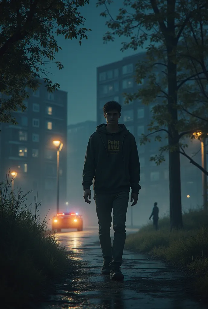 Create an image of a young man walking at night near a park patrolled by the police near an apartment.