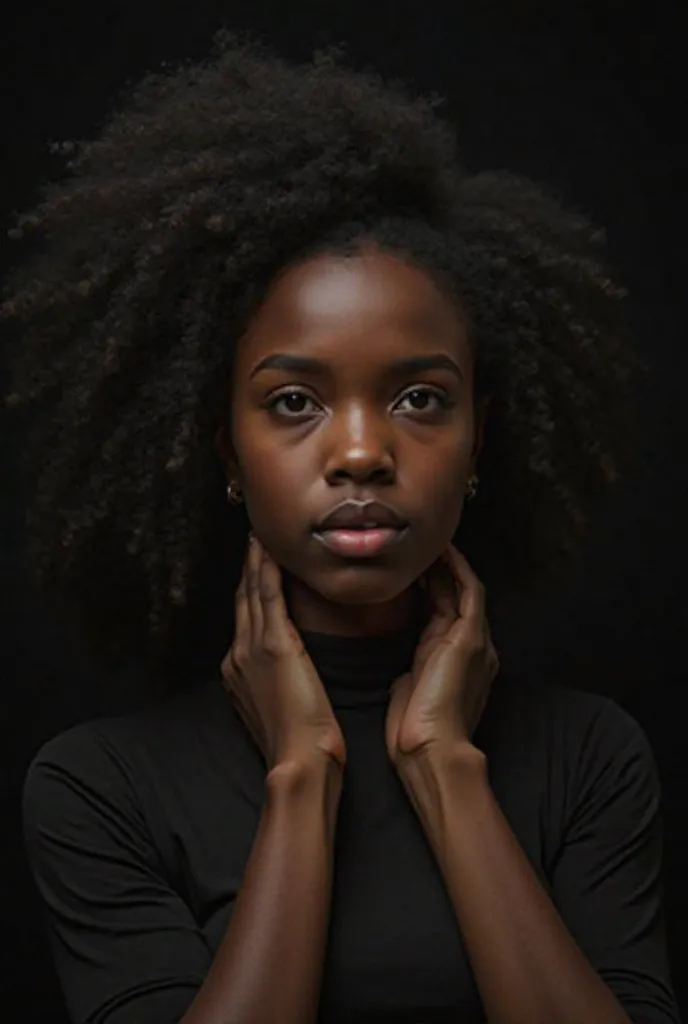 a young brunette with hot black skin and voluminous curly hair looking directly at those who see the cover, But hands covering your eyes, male hands , While one holds your neck, As if she were a puppet, the background is black , as if she were looking at a...