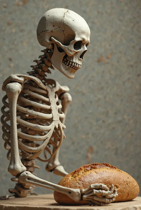 Skeleton looking at bread 