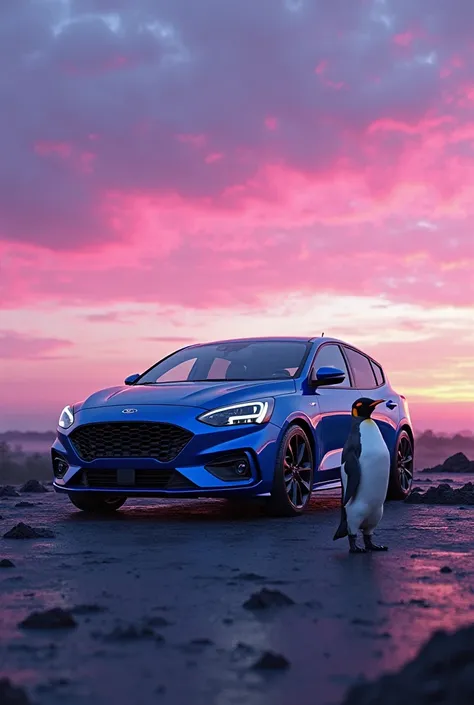 A blue Ford Focus mk3 with a purple sunset,  blue and pink  , next to a high-quality penguin 