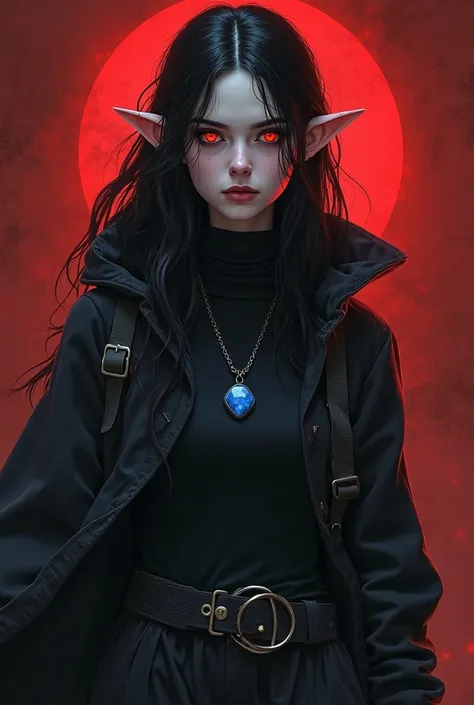 Create a movie poster featuring a red-eyed vampire, pale, black hair with red highlights behind the back of the neck,  pointy ears , sardines under the eyes and on the nose,  black turtleneck blouse, black pants and a black robe wearing a hoodie, She also ...