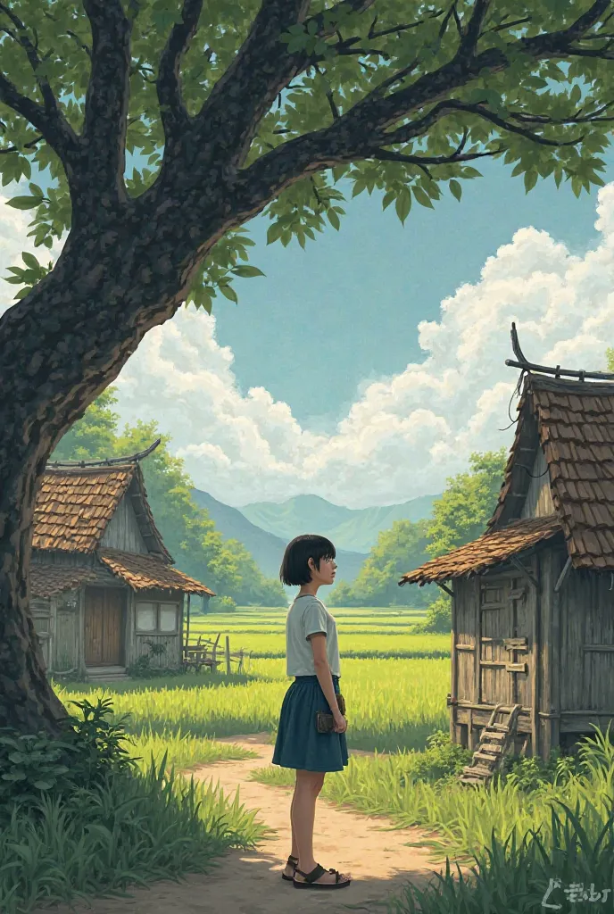 A short-haired woman stands under a large tree surrounded by old huts surrounded by rice fields.