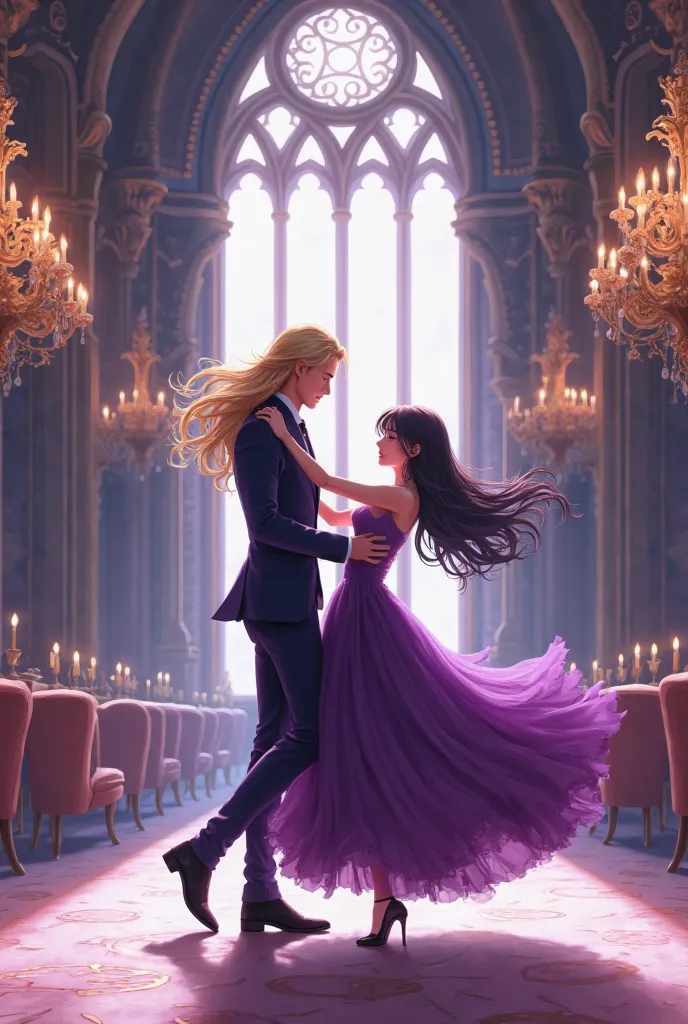 A blonde tall man wearing elegant purple suit , dancing With a short woman with purple dress in a gothic hall (anime style)