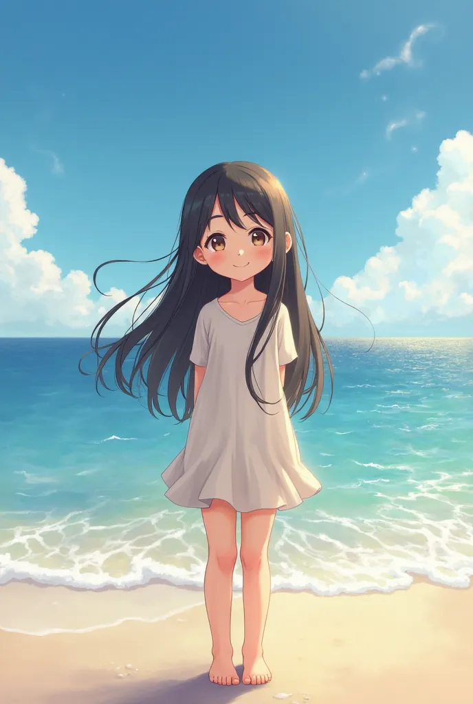 Generate a picture of a happy girl at the beach that looks complete and a little away from the camera, It has to be a  girl with long and black straight hair, white skin 