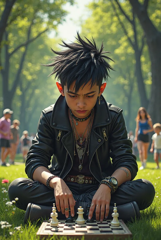 Young punk playing chess while in the park and smoking