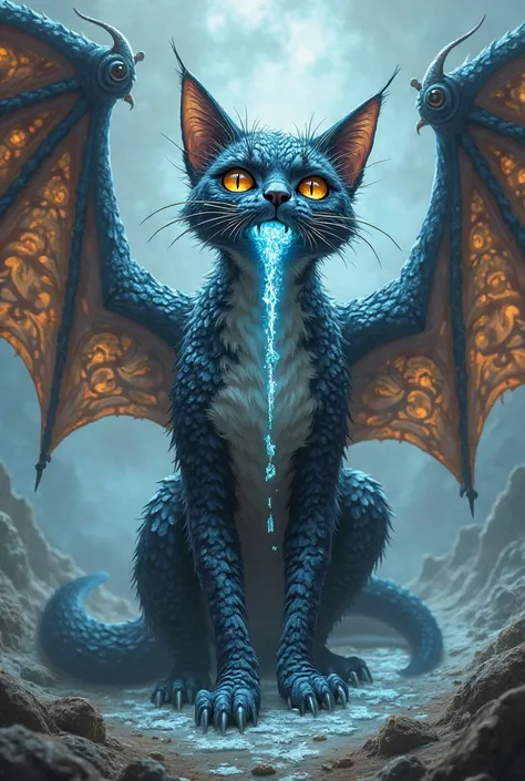 A cat with 6 eyes and dragon wings that shed ice through its mouth