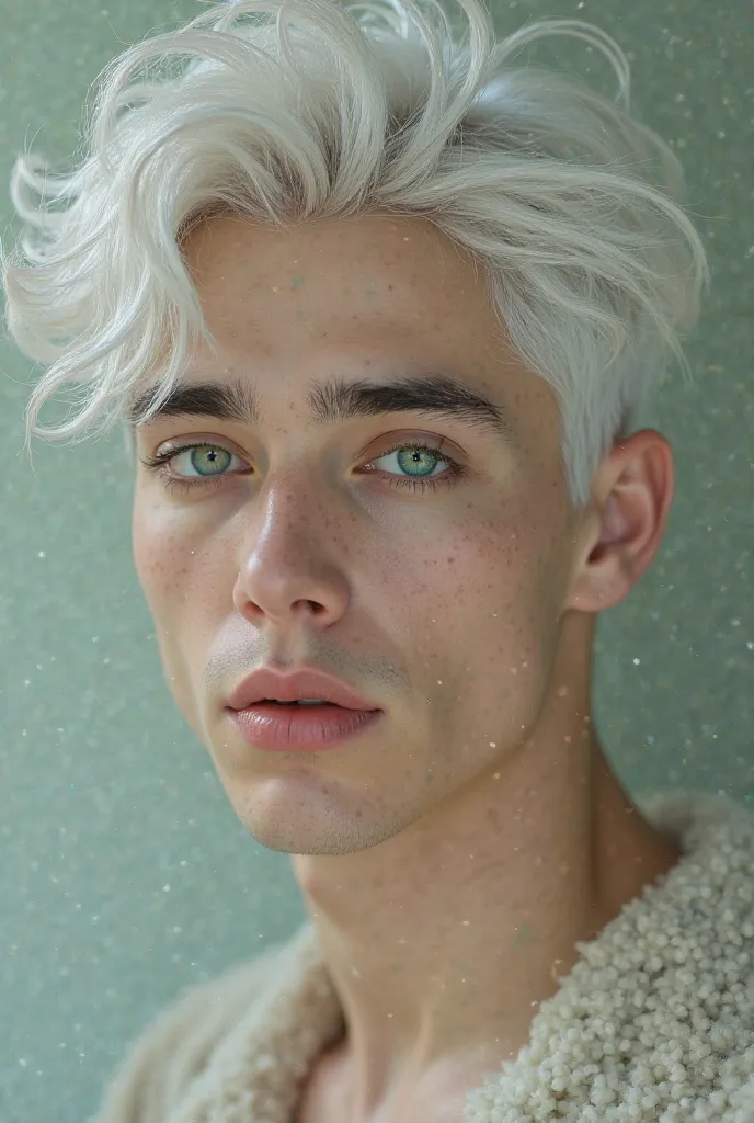 A 25-year-old boy with white hair and green eyes, handsome, elegant and handsome 