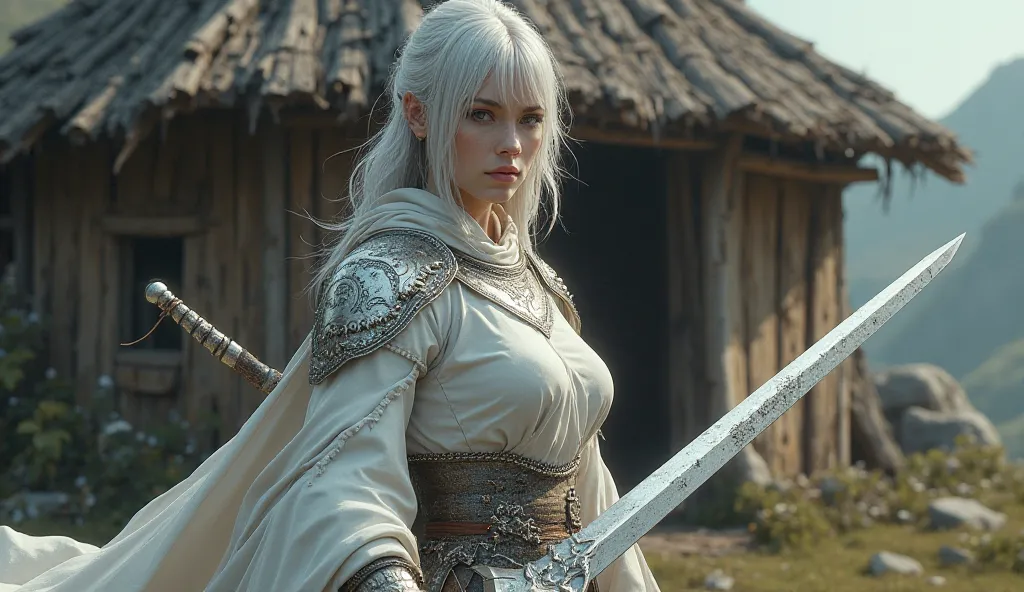  woman with white hair , which are quite short. Hut with silver eyes. Wears white armor and holds a two-handed sword.