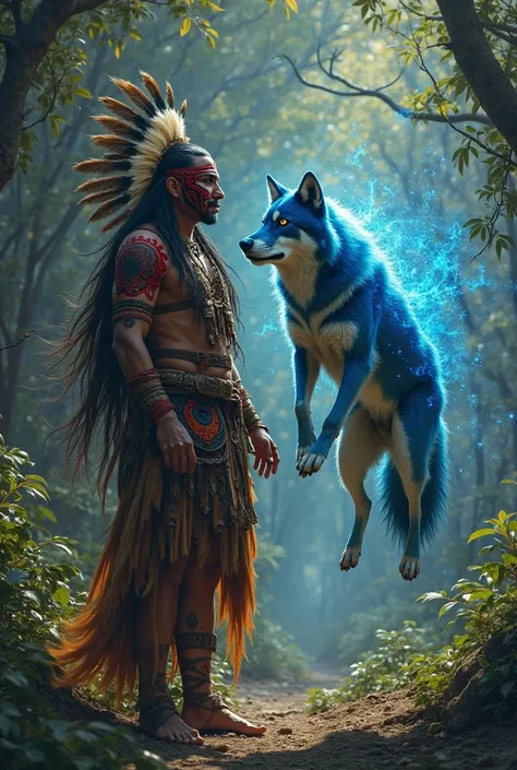 A red and black Indian hanging a blue and yellow wolf