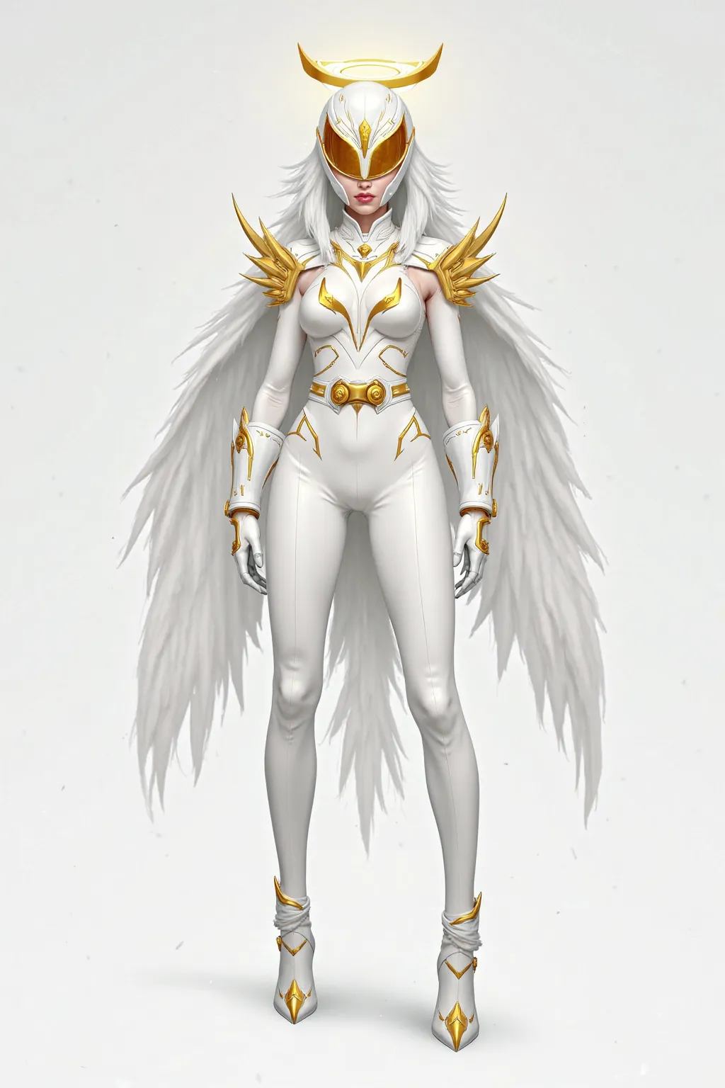  concept art of the female cyber-beast white angel ranger, with angel-inspired details. A vibrant white helmet with gold details, reminiscent of an angelic halo. Outfit A white jumpsuit with gold stripes at the waist and two angelic symbols on the chest. T...