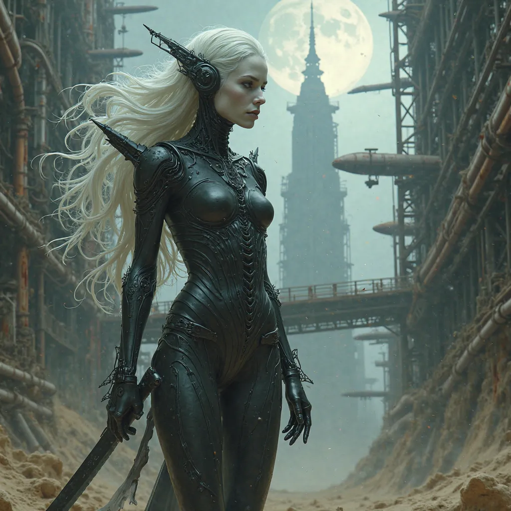 Monde futurisme. Hr giger style. Technologique organique, sombre. Ville cyberpunk. Gigantesque immeuble entre mêlé entre les tuyaux rouille. Vaisseaux survolent.  Des ponts qui relient entre les différence structure industrielle.  Une femme albinos, regard...