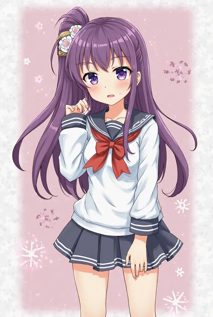 akebono_kantaicollection, purple_hair, long_hair, hair_ornament, side_ponytail, purple_eyes, flower, hair_flower, hair_bell, bell, jingle_bell, serafuku, very_long_hair, school_uniform, skir, (small breasts, little body), (short stature:1.2), 1 little gilr...