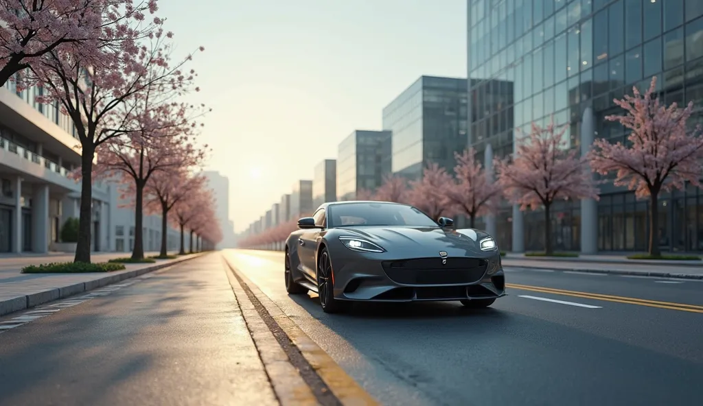 Photorealistic, ultra-realistic, highly detailed, 8K, cinematic lighting, volumetric light, ray tracing, realistic reflections, perfect shadows)

A premium car on a modern city road in spring. The road is angled, and the car is positioned in the right lane...