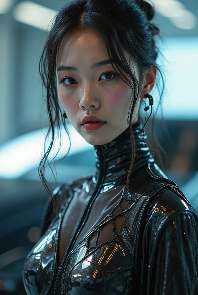 photograph of a model wearing an alternative fashion long dress with recharged lenses on the chest of an MG car, (MG5 2024) The model's face must be clear and precise without deforming