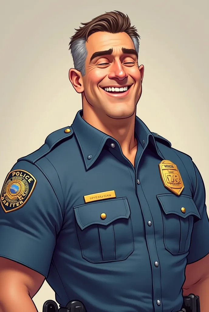 a Disney style,full body stronge police smiling his eyes closed,40 year old man with shaved brown hair, with bits , art by Caravaggio of grey, wearing a blue shirt, full body