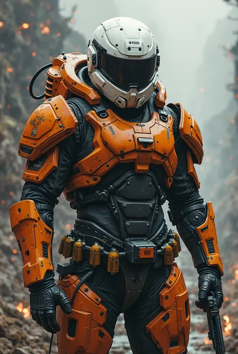 1man, Helldiver, orange/black armor, white helmet, grenades, revolver