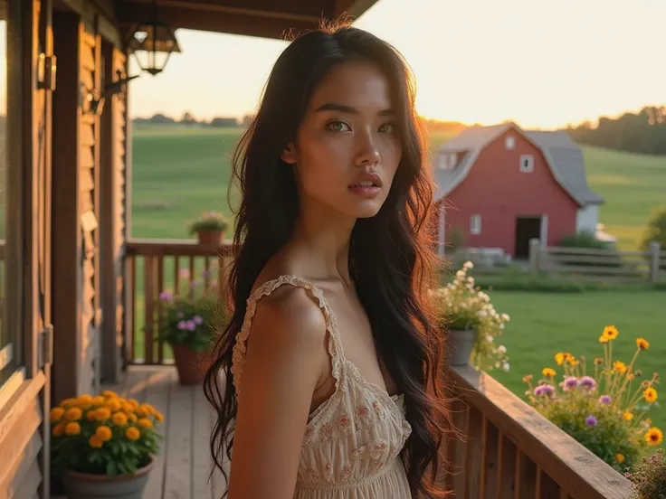 A breathtaking young woman with long, silky black hair and striking green eyes stands on the wooden balcony of a rustic farmhouse during golden hour. She is bathed in warm sunlight, which highlights her smooth, sun-kissed skin and enhances her natural beau...