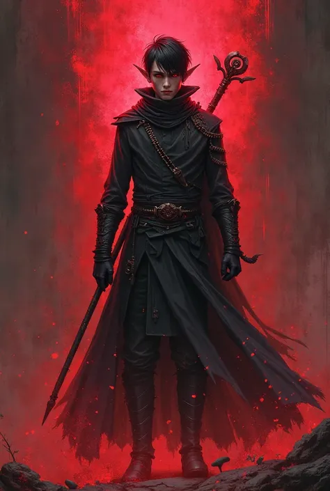 A Dark Elf Man, Loud without being too strong, short black hair, dressed as a killer with a staff in his hand, And a blood-red energy all around, red eye, realistic anime style.