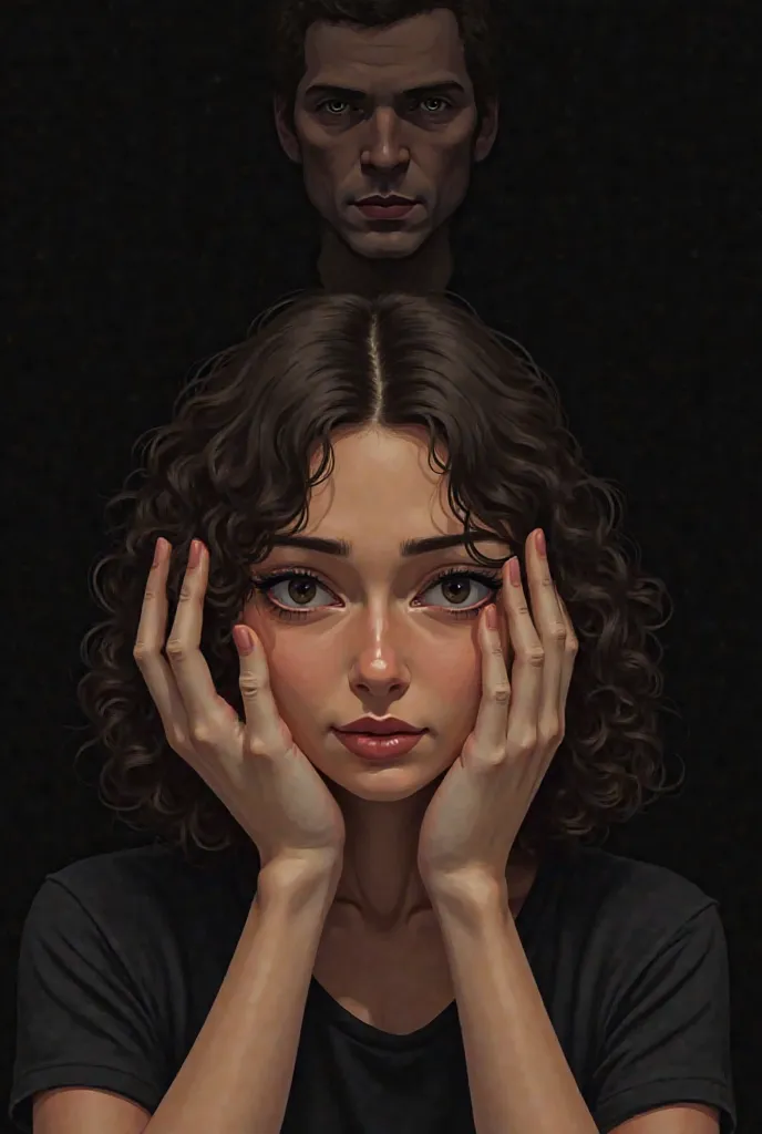 “Book cover illustration on a totally black background.
 in the center, a young woman with brown skin and curly hair It's in front of us. She has a neutral expression, But a melancholic air.
 Two male hands , pale skinned, they hold her face on the sides, ...