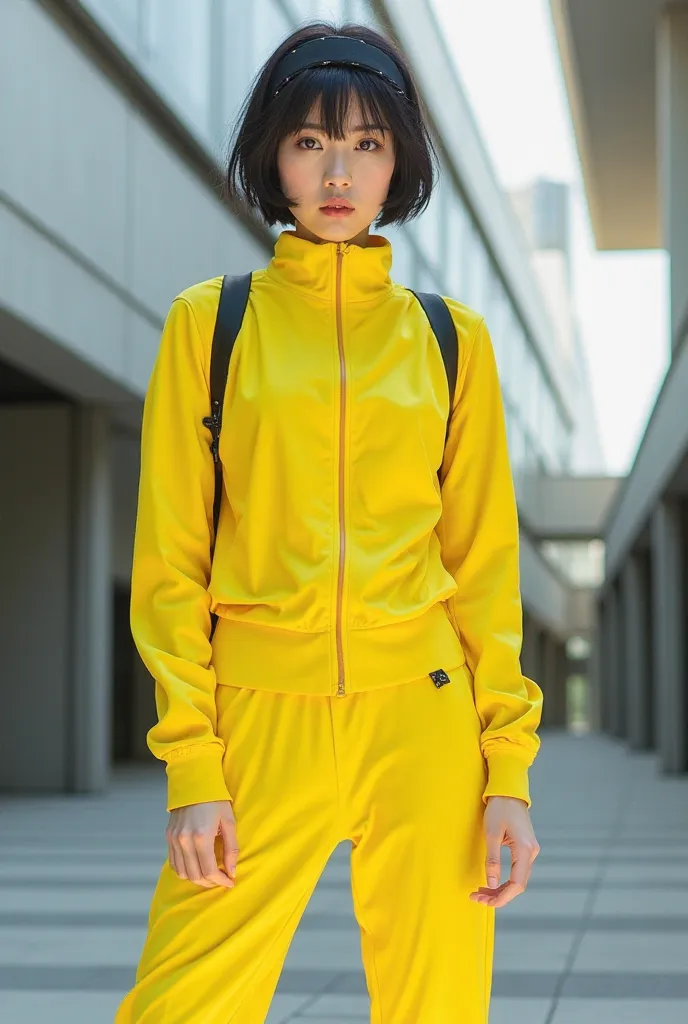 A Japanese woman with short fringed hair who wears a yellow sporty outfit