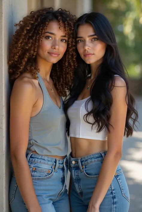 Create two girls in jeans one girl with brown curly hhair one girl with black straight long hair 