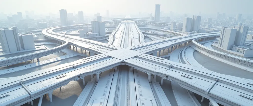 (photorealism:1.2), a main highway intersection in a futuristic utopian re-imagining of Leeds England, less fantasy and closer to advanced modern, a little more white with faint touches of sky-blue, smaller intersection