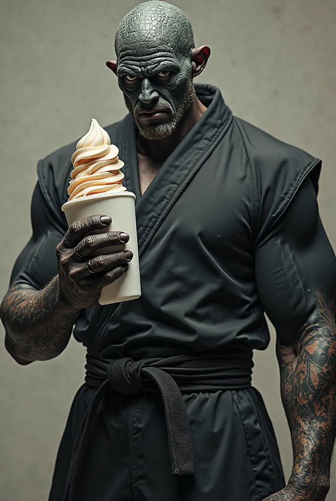  Create for me , a strong man with a black color, Face of Giboia, poured with Fujitsu clothing black belt, holding an ice cream styrofoam