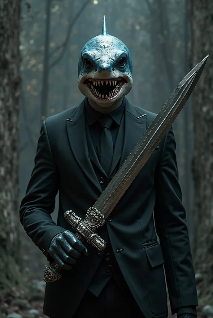 Shark with a human figure,  with a highly detailed sword , with dark glasses and an elegant black suit