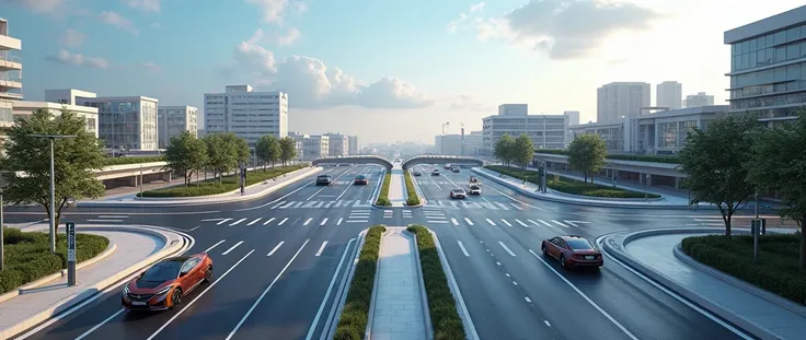 (photorealism:1.2), a main highway intersection in a futuristic utopian re-imagining of Leeds England, less fantasy and closer to advanced modern, a touch lighter with faint touches of sky-blue, smaller intersection