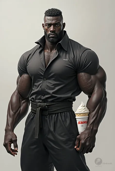  Create for me , a black-colored giboia man, poured with Fujitsu clothing black belt, holding an ice cream styrofoam, Muscular