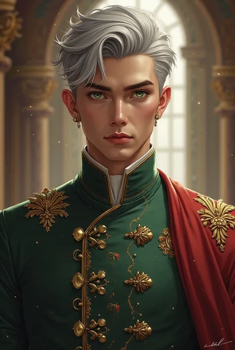 A young, handsome and elegant 25-year-old king with medium-long silver hair with the wolfcut hairstyle and emerald green eyes