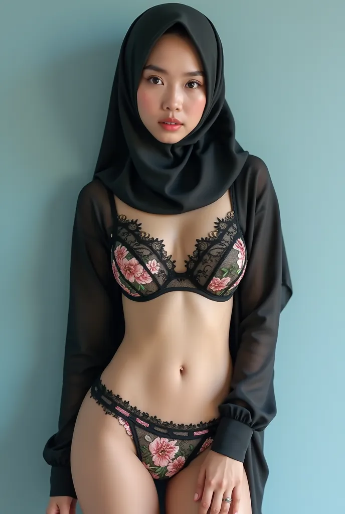 (High Resolution, High Details), A young Indonesian girl, wearing black hijab, topless, big size floral bra, big size breasts, soft stomach, floral hipster underwear, full body shot, light blue studio background.