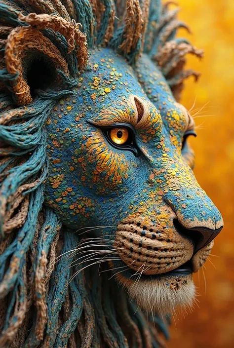 A stunning close-up of a face  off lion expertly painted with vivid, bizarre decorations. The hardwood surface provides texture while partially obscuring the delicate designs. The eye, the main point, is a striking golden orb surrounded by a brilliant pale...