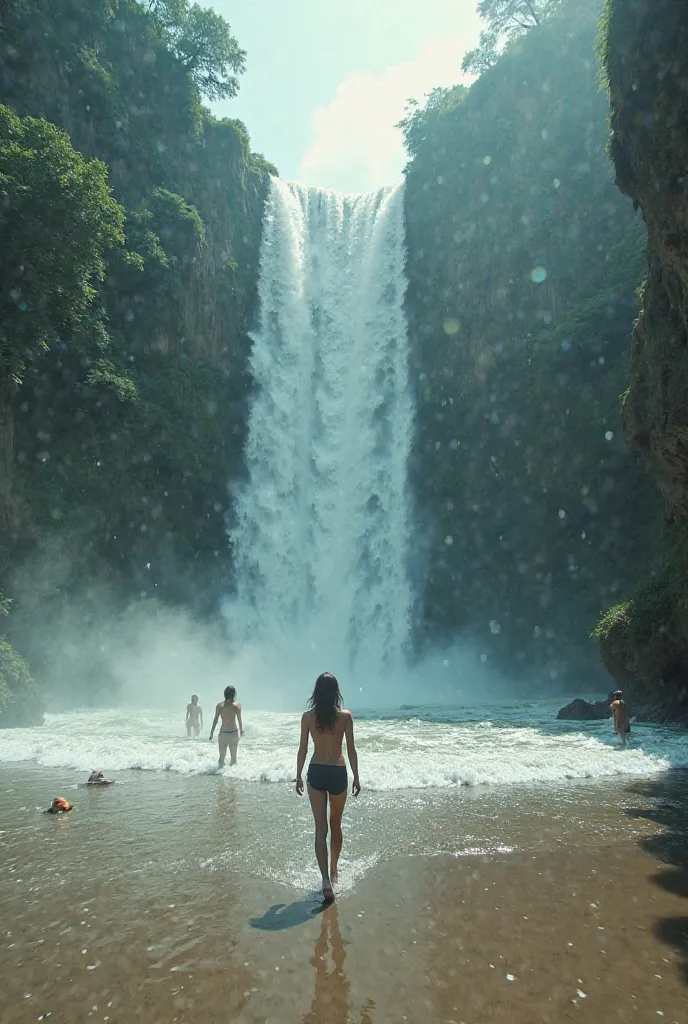 Create a surreal video, with a unique and unprecedented aesthetic, that has as its setting a beach and a waterfall. The focus must be on the constant movement of various elements, like the flowing water, people in motion and the environment (like vegetatio...