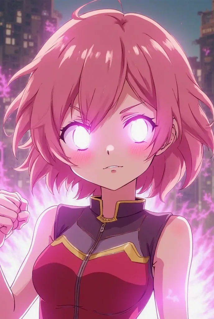 My Hero Academia screenshot a girl with pink hair, short and that she has a heroine costume and that her eyes are shining pink, as if they were two flames of fire and that it seems that it is with its fist in the air that has pink flames around it