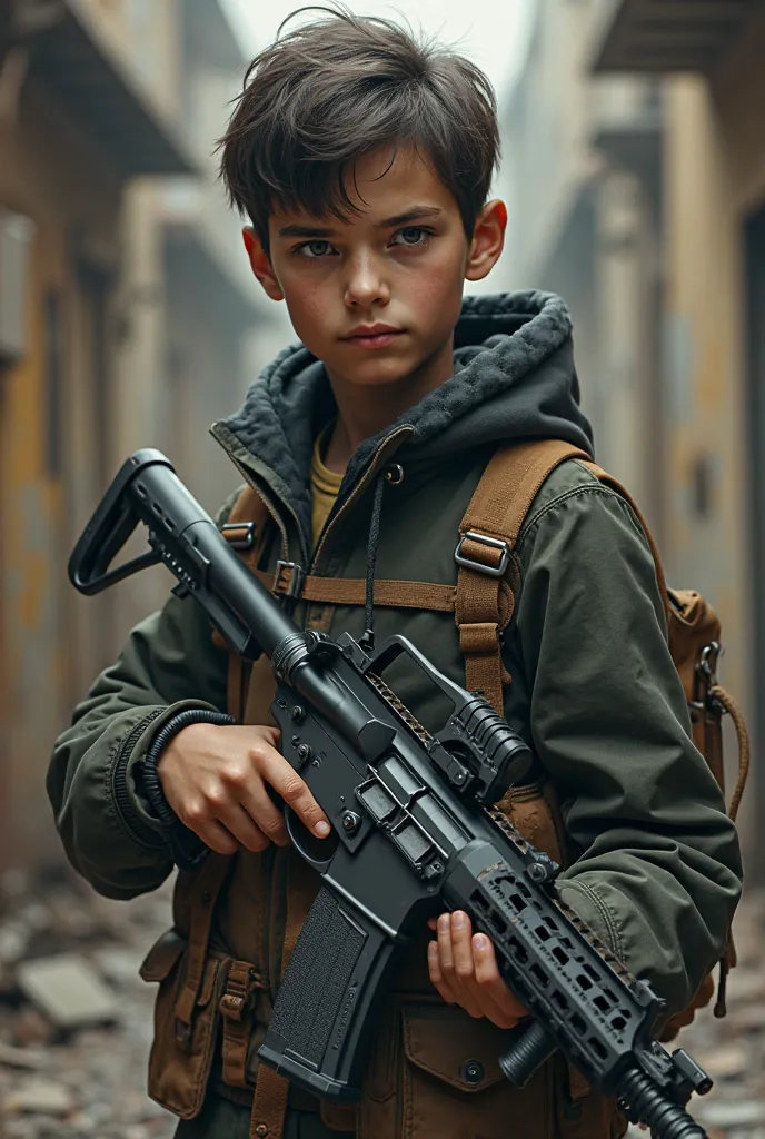 Realistic young person equipped with weapons 