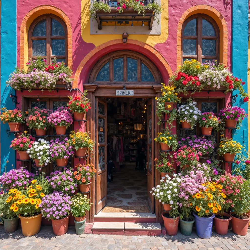 (Facade of a medieval Inca flower shop with many types of flowers and colors ), (happy), Eduardo Kobra stuffed, MULTIDIMENSIONAL GEOMETRIC WALL PORTRAIT, until, Chibi, yang08k,  beautiful, colorful,  masterpieces ,  top quality, accessories, until oficial,...