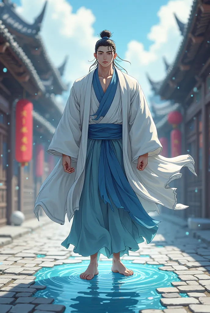 Anime, create a cultivator who is very muscular with and large arms with pale skin, he should be fully clothed wearing white and blue traditional chinese clothing. additionally make him in the middle of a populated chinese traditional town ultra and have v...